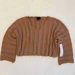 Lumiere Womens Tan V-Neck Crop Pullover Stretch Long Sleeve Sweater Large NWT